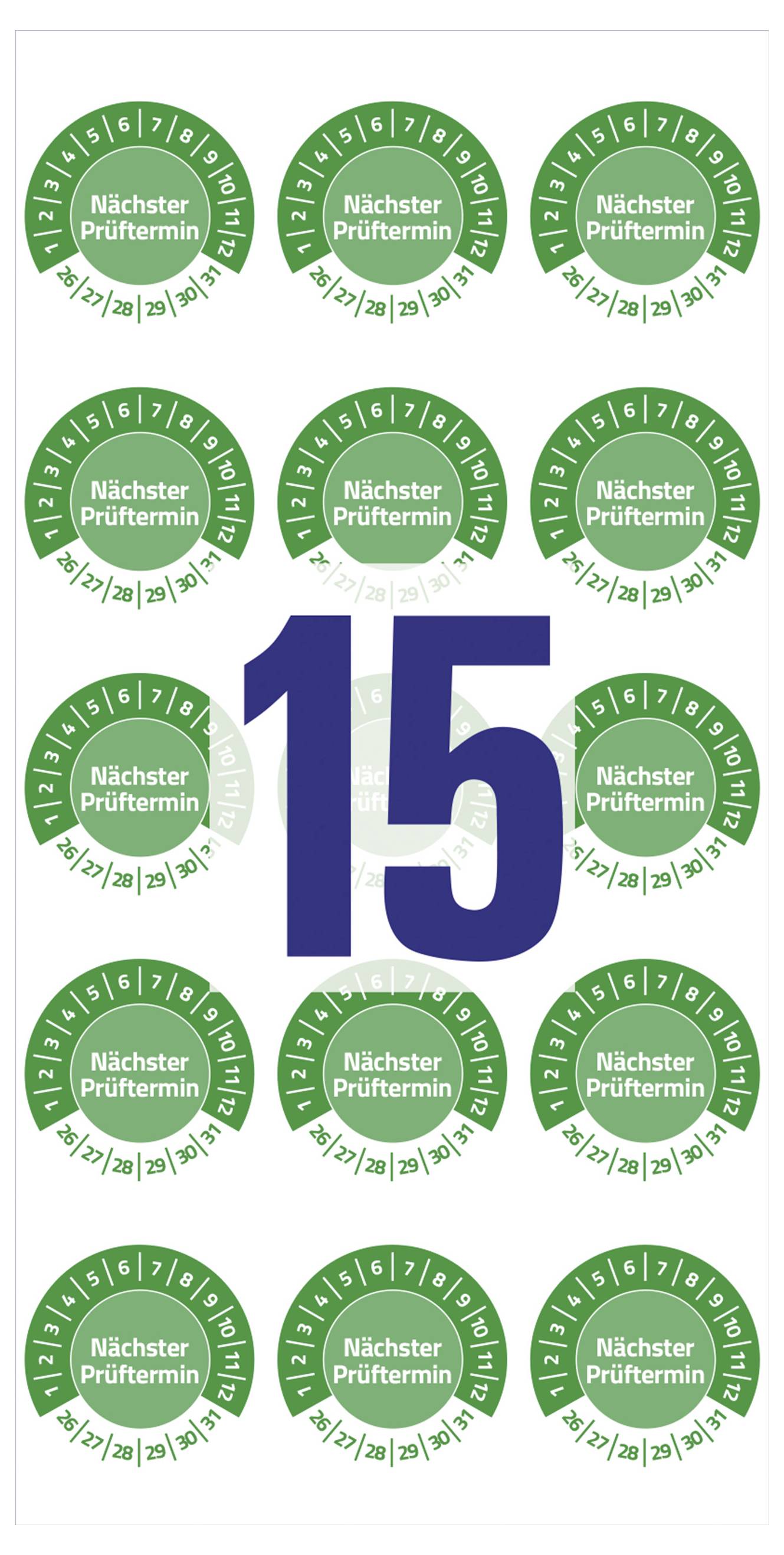 Grüner Aufkleber mit der Aufschrift 'Nächster Prüftermin'. In der Mitte eine große Zahl '15', umgeben von mehreren identischen Aufklebern.