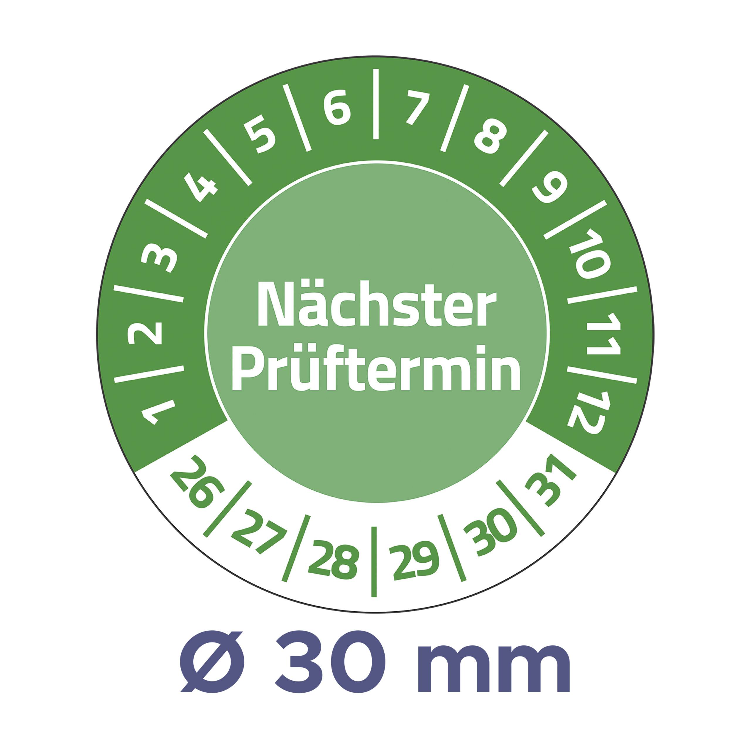 Prüfsiegel mit grünem Ring und weißem Innenkreis. Text 'Nächster Prüftermin'. Zahlen von 1 bis 12 im Kreis, Außenzahlen 26 bis 31.