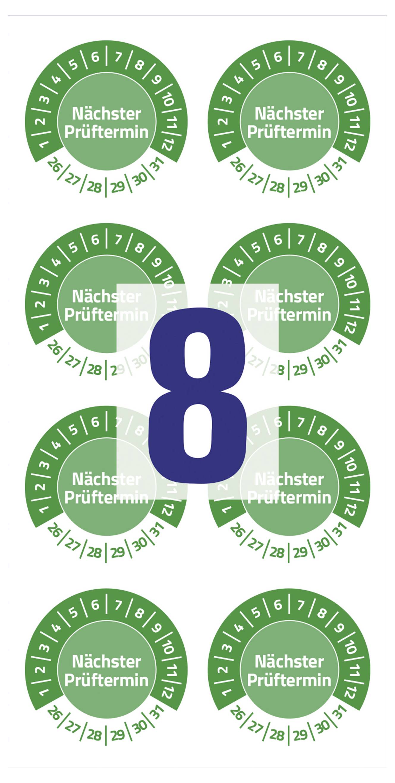 'Prüfetikett mit der Zahl 8 in der Mitte, umrahmt von grünen kreisförmigen Prüfplaketten mit der Aufschrift 