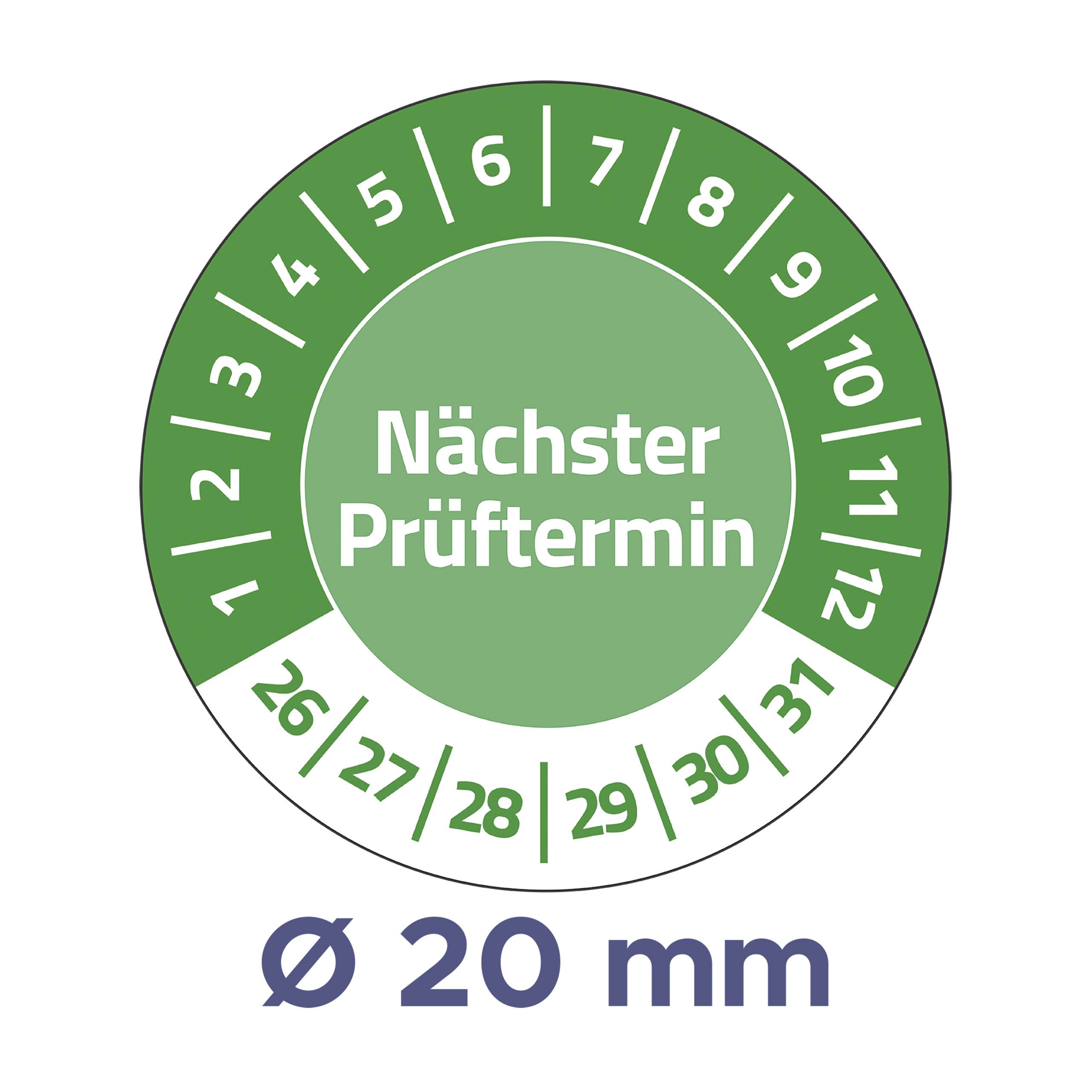 Grünes Prüfsiegel mit den Zahlen 1 bis 31 und Text 'Nächster Prüftermin'. Durchmesser 20 mm.