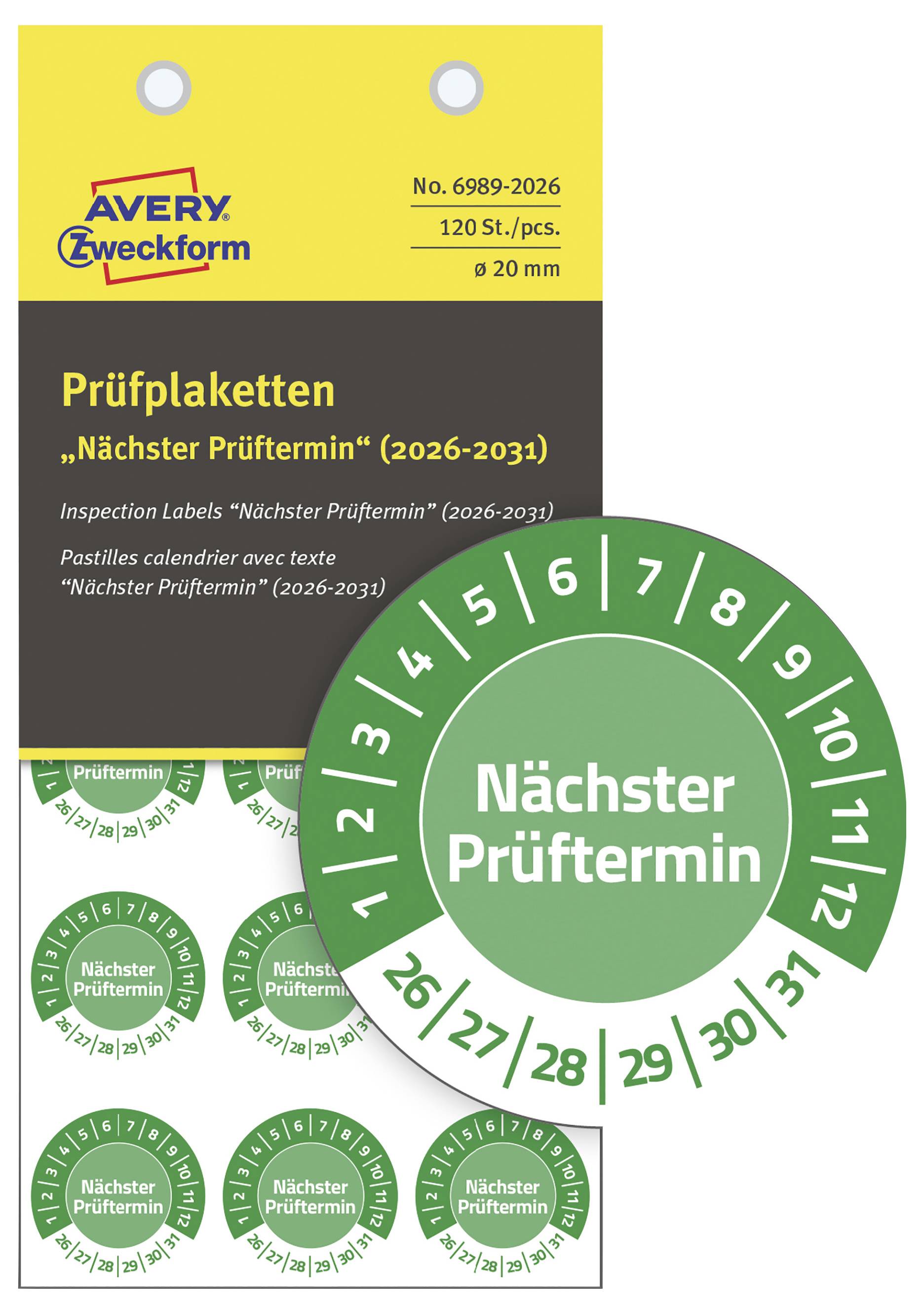 Verpackung von Avery Zweckform Prüfplaketten. Runde, grüne Etiketten mit 'Nächster Prüftermin' in der Mitte und Jahreszahlen (2026-2031) am Rand.