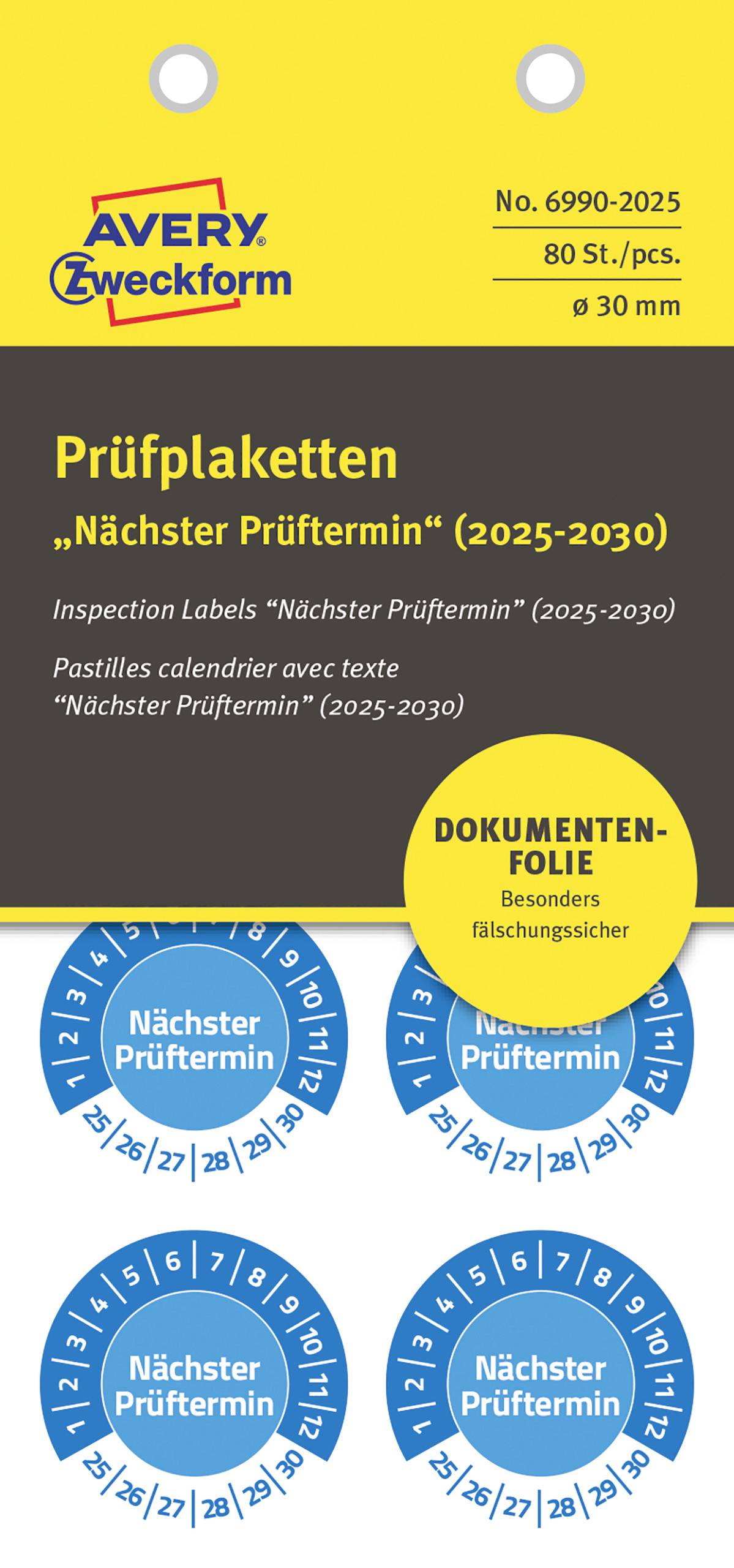 Avery-Zweckform 6990-2025 Prüfplakette Blau Folie selbstklebend (Ø) 30 mm 30 mm 80 St.
