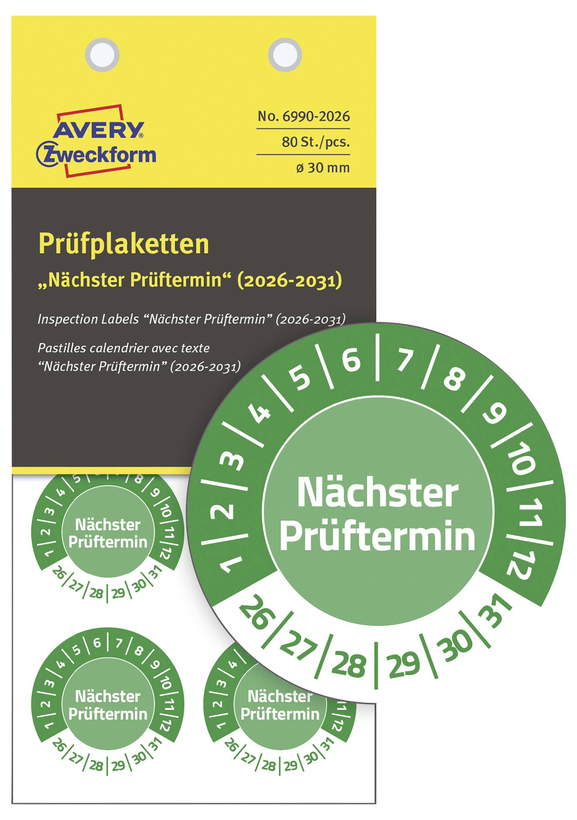 Avery-Zweckform 6990-2026 Prüfplakette Grün Folie selbstklebend (Ø) 30mm 30mm 80St.