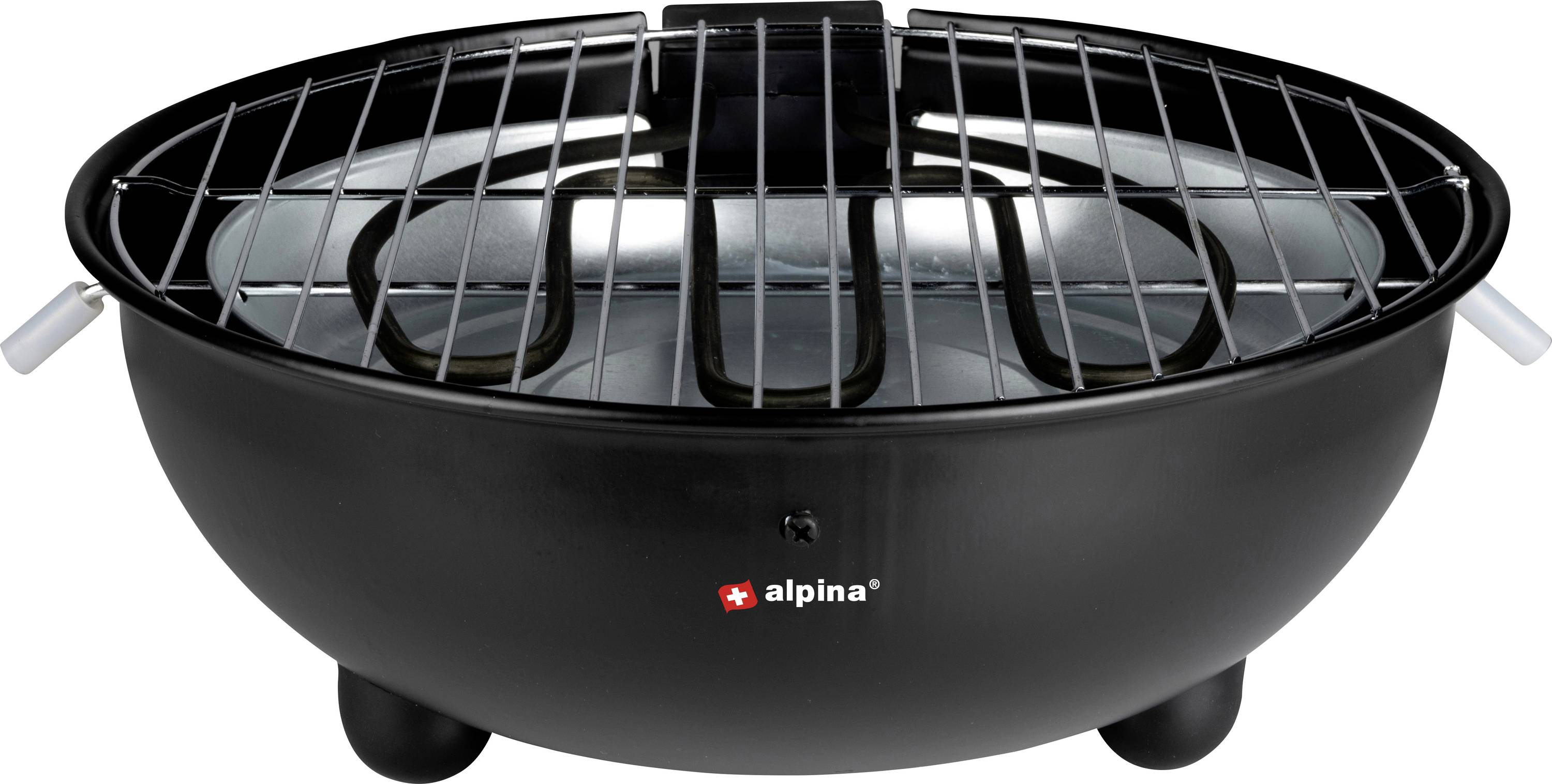 Schwarzer runder Tischgrill von Alpina mit Gitterrost und drei kurzen Standfüßen, geeignet für Outdoor-Kochen.