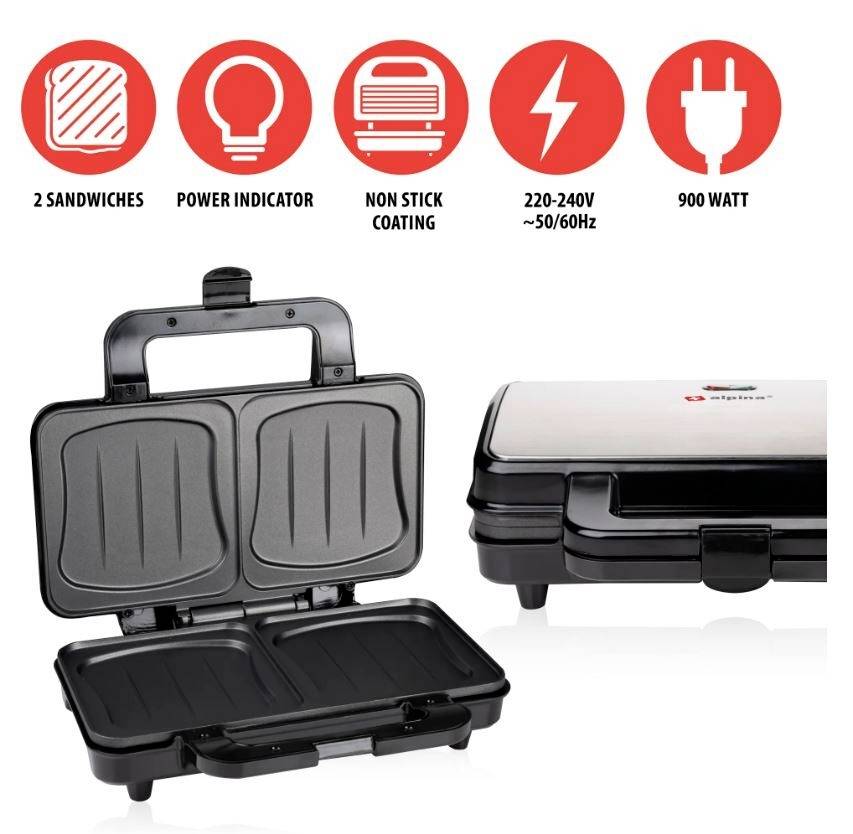 Ein Sandwich-Toaster mit zwei Fächern und Antihaftbeschichtung. Oben Symbole: 2 Sandwiches, Betriebsanzeige, Antihaft, 220-240V, 900 Watt.