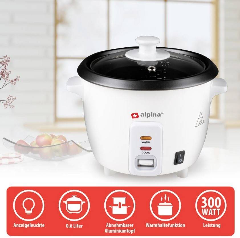 Ein weißer Reiskocher mit Glasdeckel, Marke 'alpina', steht auf einem Tisch. Darunter Symbole zur Funktionalität: 0,6 Liter, 300 Watt.