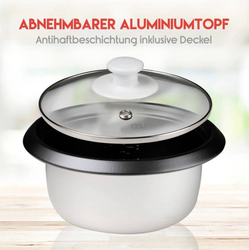 Abnehmbarer Aluminiumtopf mit Deckel und Antihafteigenschaft auf einer Holzoberfläche. Text im Bild hebt diese Merkmale hervor.