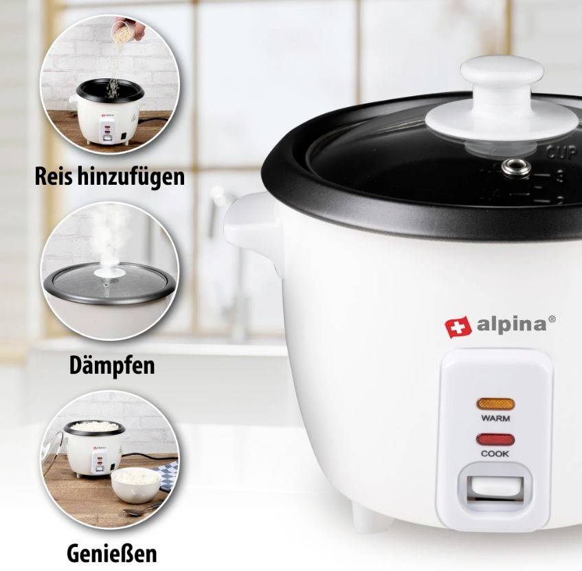 'Reiskocher' mit drei Bildern: Reis hinzufügen; Deckel drauf, Dämpfen; fertigen Reis servieren.