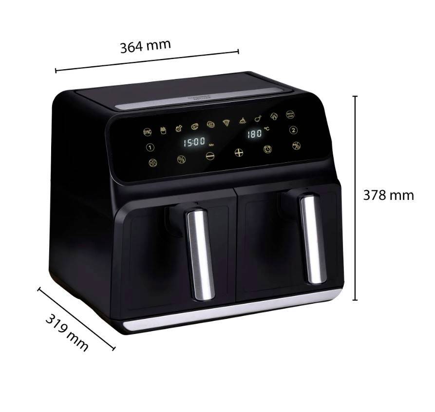 Eine schwarze Heißluftfritteuse mit digitalen Bedienelementen, zwei Griffen und den Maßen: Breite 364 mm, Höhe 378 mm, Tiefe 319 mm.