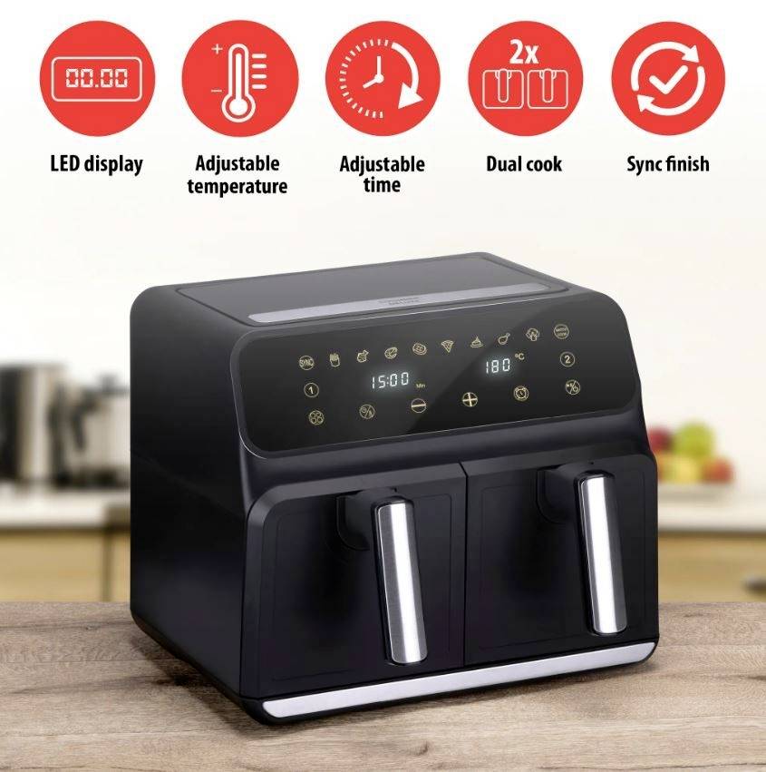 Ein schwarzer Airfryer mit zwei Fächern steht auf einer Küchenarbeitsfläche. Oben sind Symbole für LED-Anzeige, Temperatur- und Zeiteinstellung, Dual-Kochmodus und gleichzeitiges Beenden zu sehen.