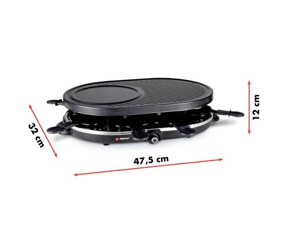 Ein ovaler Raclette-Grill, 47,5 cm x 32 cm x 12 cm groß, mit antihaftbeschichteter Grillfläche. Ideal für geselliges Essen.