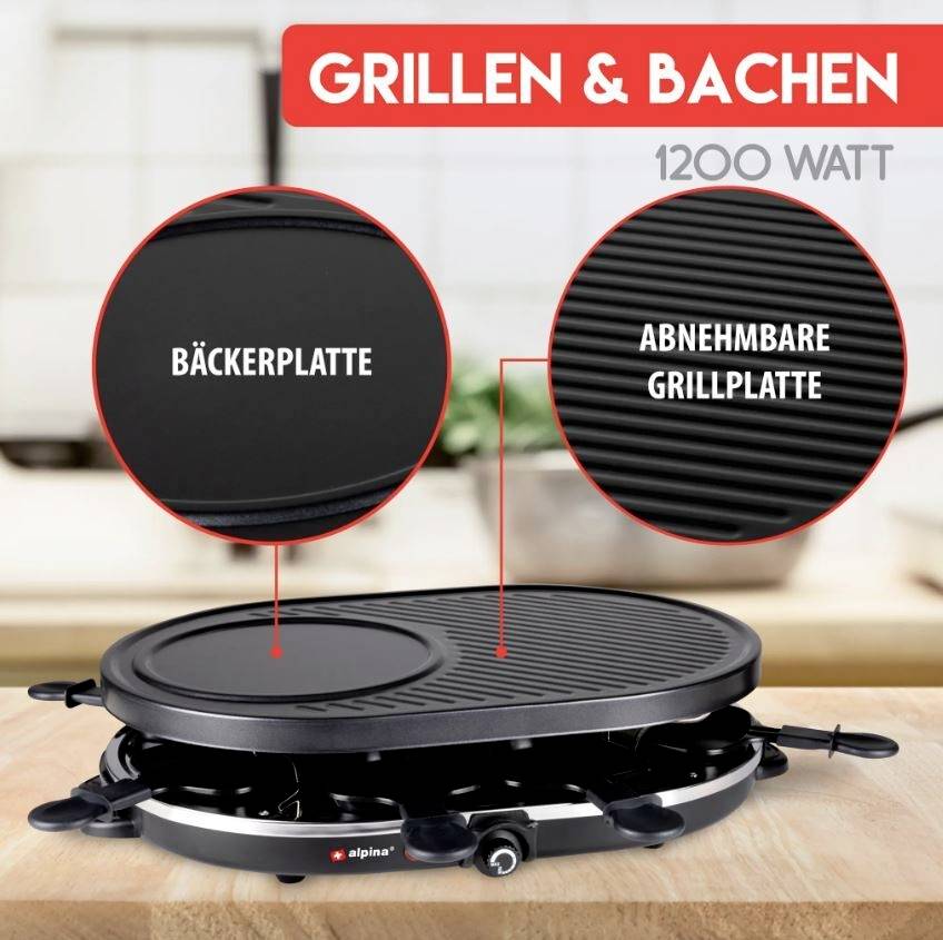 Elektrogrill mit Bäckerplatte und abnehmbarer Grillplatte, 1200 Watt Leistung. Geeignet zum Grillen und Backen.