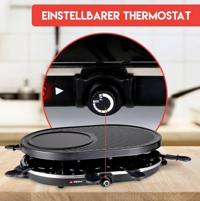 Ein schwarzer Raclette-Grill zeigt einen einstellbaren Thermostat. Oben steht in rotem Banner 'Einstellbarer Thermostat'.