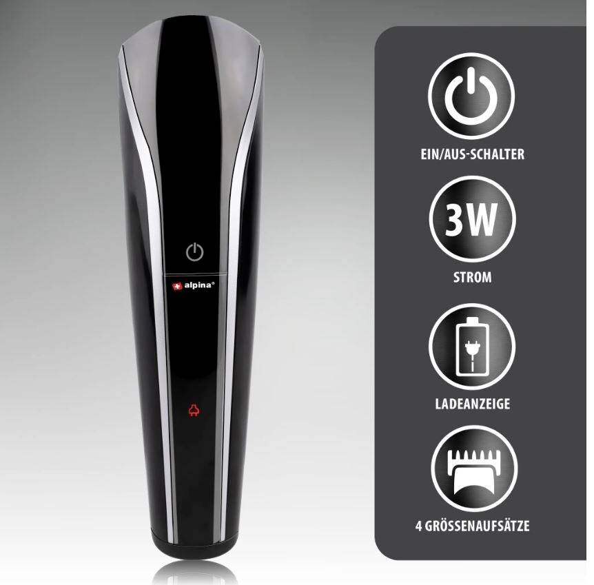 Elektrischer Haarschneider in Schwarz mit 'Ein/Aus-Schalter', '3W', 'Ladeanzeige' und '4 Größenaufsätze'.