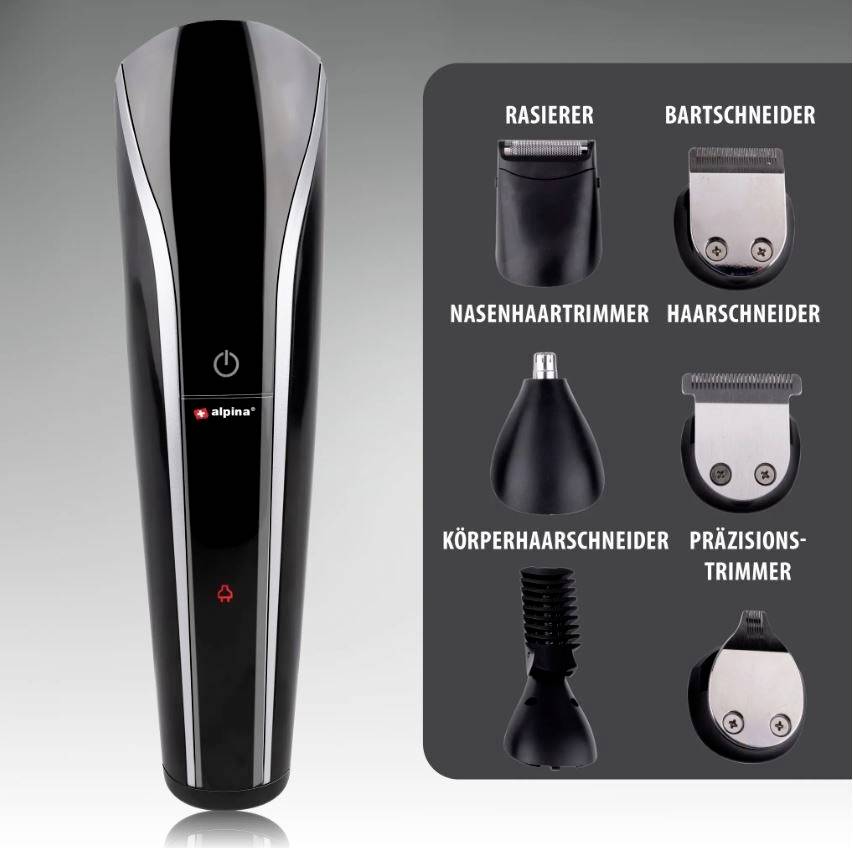 Schwarz-silberner elektrischer Rasierer von 'alpina', neben Aufsatzoptionen für Rasieren, Bart-, Nasenhaar-, Körperhaar- und Präzisionstrimmen.