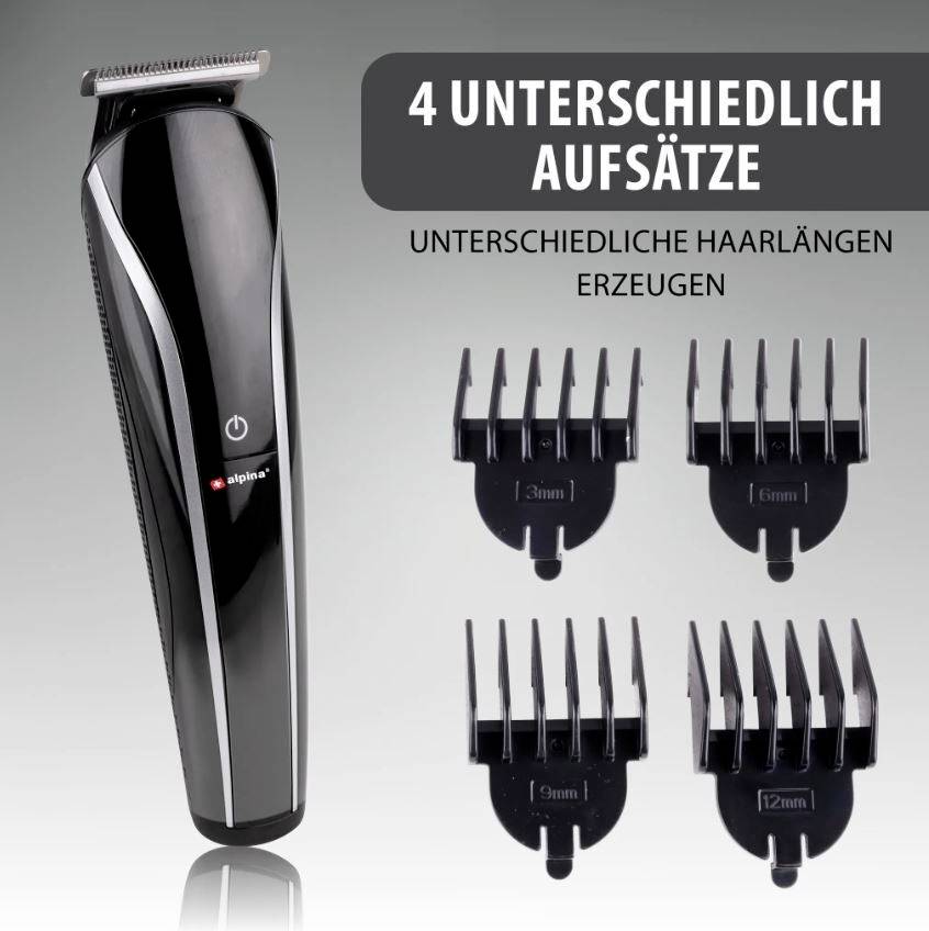 Elektrorasierer mit vier austauschbaren Aufsätzen, geeignet für unterschiedliche Haarlängen.