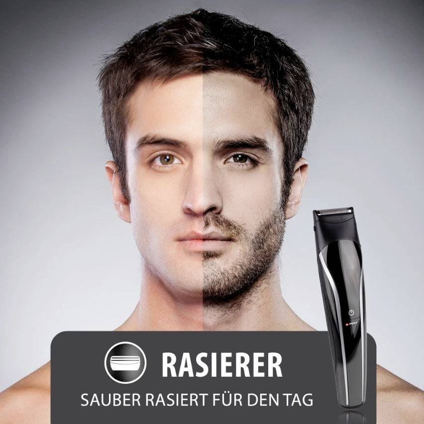 Ein Mann mit halb rasiertem Gesicht zeigt den Unterschied vor und nach der Rasur. Daneben ein elektrischer Rasierer.