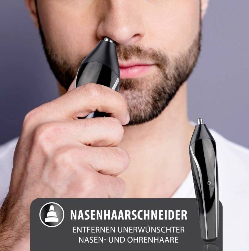 Ein Mann verwendet einen schwarzen Nasenhaartrimmer. Unten steht: 'Nasenhaarschneider - Entfernen unerwünschter Nasen- und Ohrenhaare'.