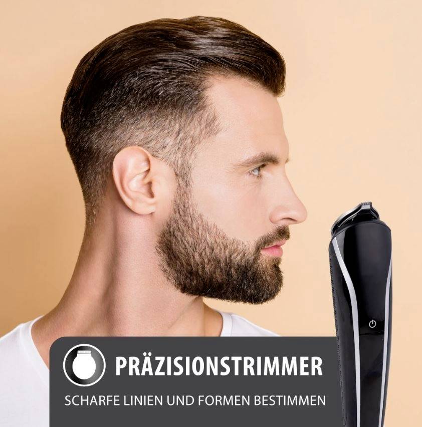 Ein Mann mit gepflegtem Bart und Haarschnitt betrachtet ein Präzisionstrimmer-Werkzeug. Text darunter: 'Präzisionstrimmer - Scharfe Linien und Formen bestimmen'.