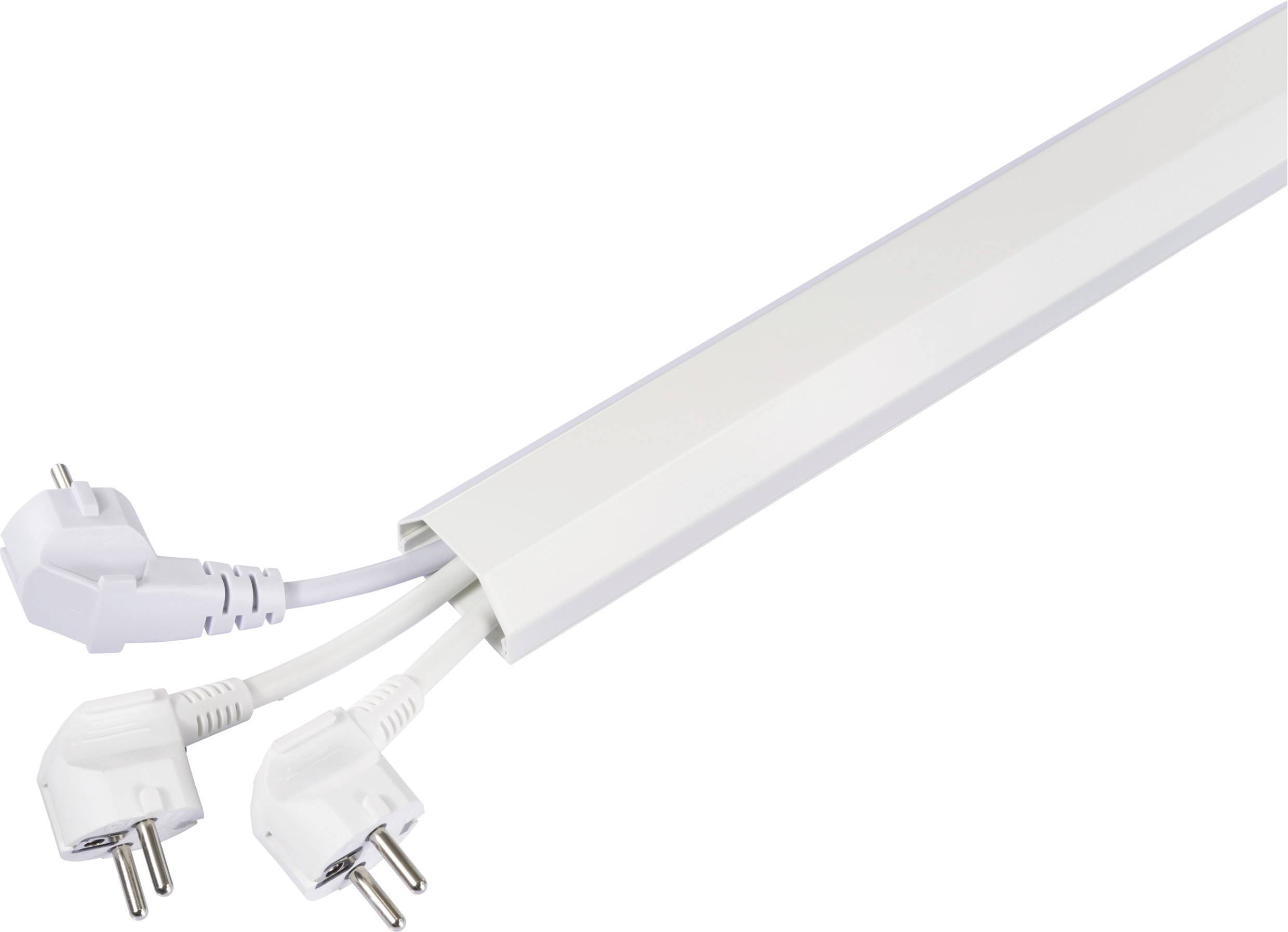 Ein weißer Kabelkanal mit zwei Steckdosenleisten, die aus einem offenen Ende herausragen. Geeignet für saubere Kabelorganisation.