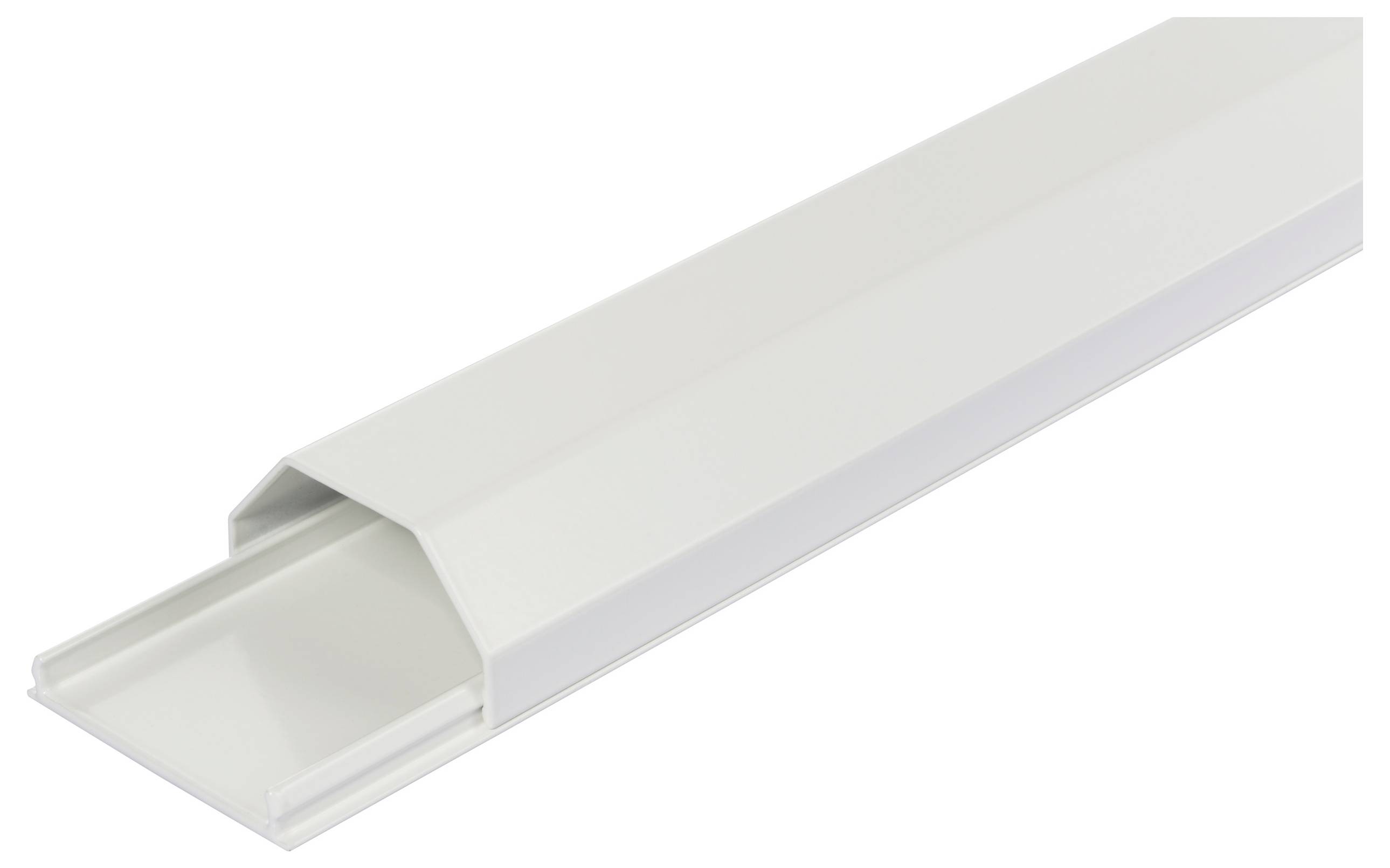 Ein rechteckiger, weißer Kabelkanal mit abnehmbarem Deckel, zur Organisation und Verdeckung von Kabeln in Innenräumen.