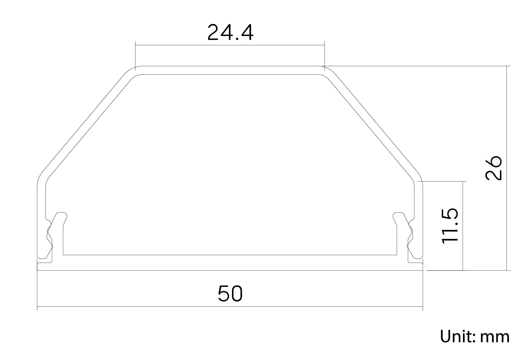 Querschnitt eines Metallprofils mit einer Breite von 50 mm, einer Höhe von 26 mm und einer oberen Breite von 24,4 mm. Maßeinheit: mm.