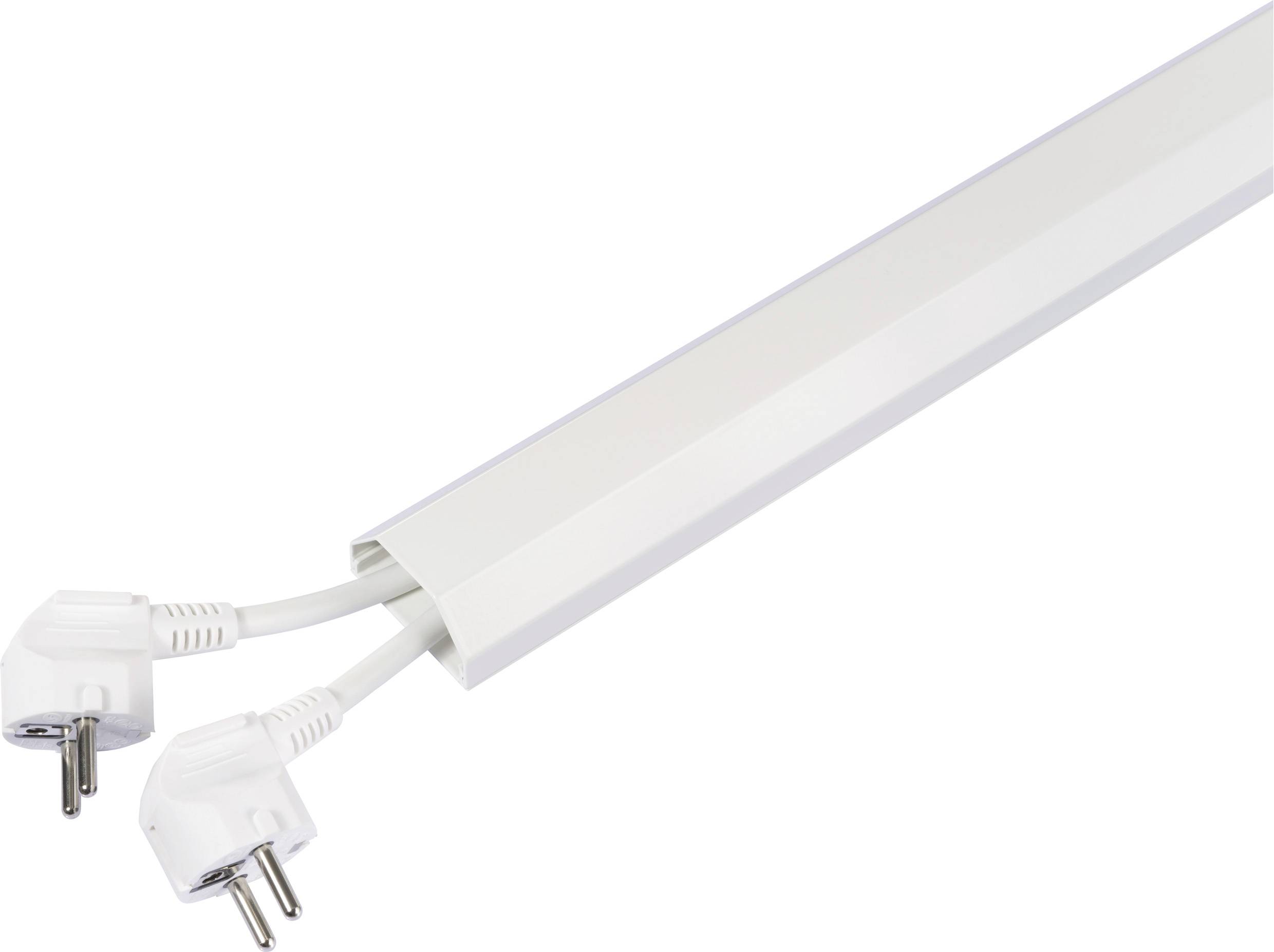 Ein weißer Kabelkanal enthält zwei weiße Netzkabel mit europäischen Stecker, die aus einem Ende herausragen.