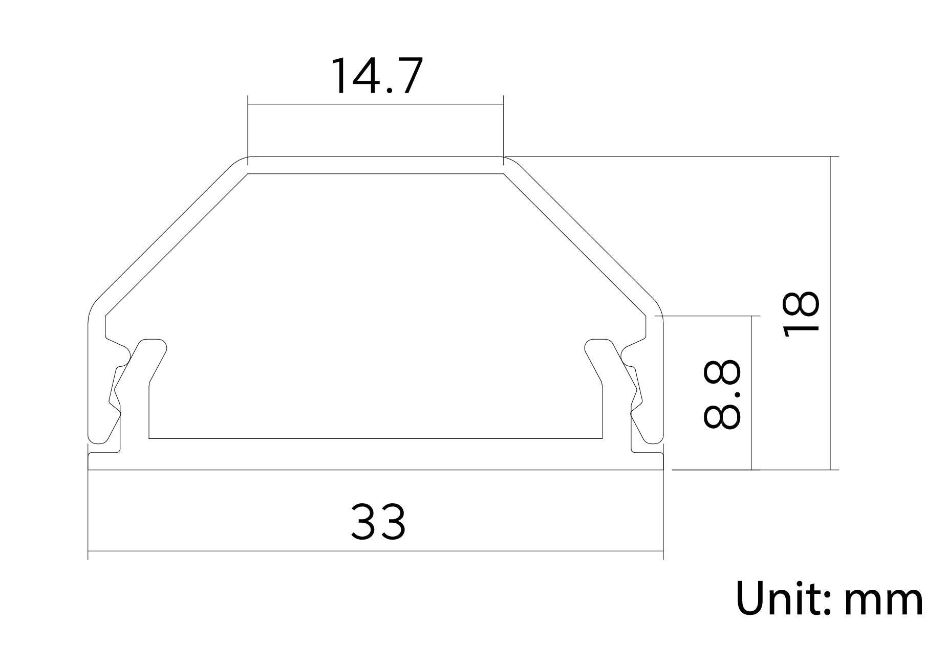 Querschnitt eines Aluminiumprofils mit den Maßen: Breite 33 mm, Höhe 14,7 mm, mit zwei inneren Höhen von 8,8 mm und 18 mm. Maßeinheit: mm.