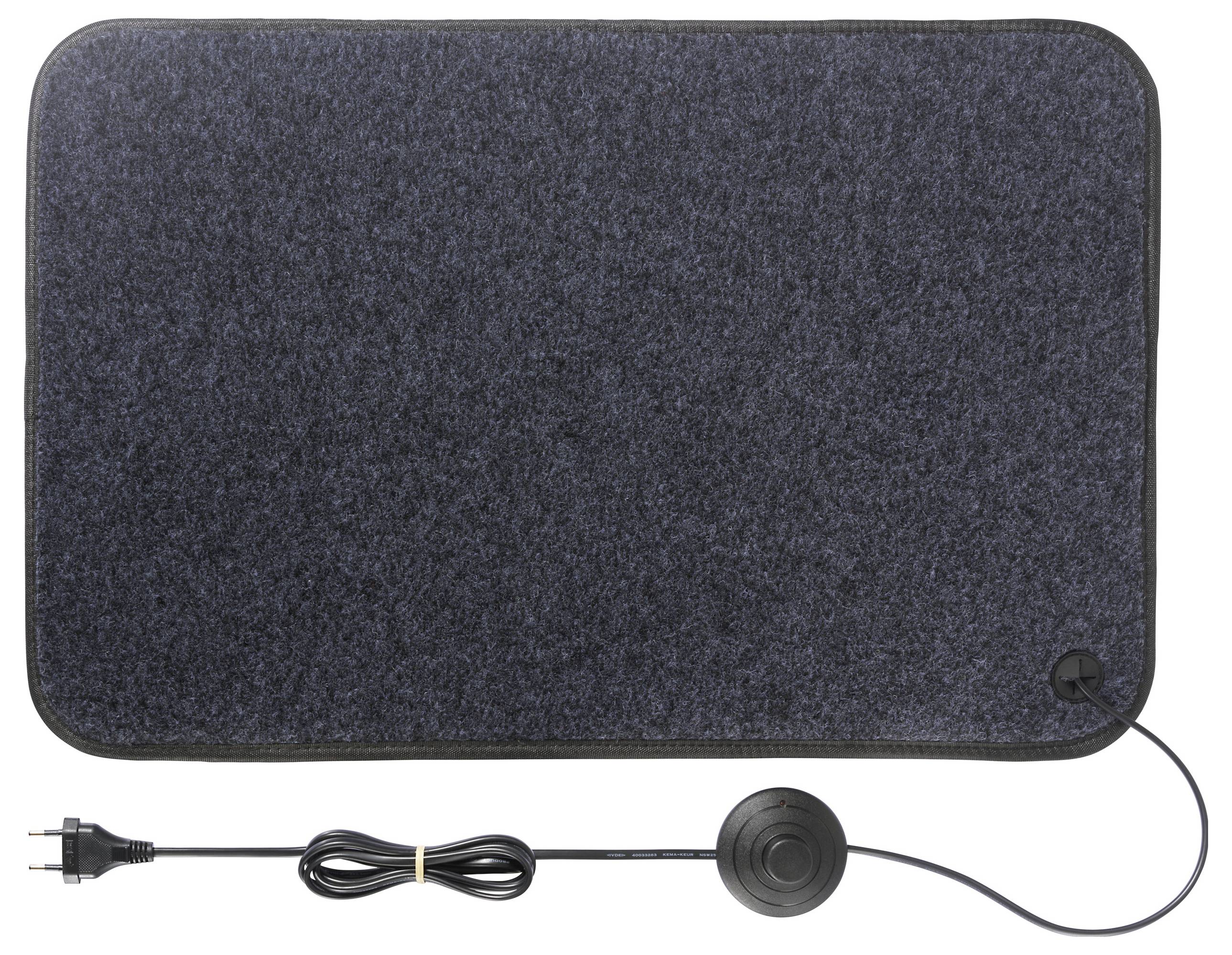 Eine rechteckige, dunkelgraue Heizmatte wird gezeigt, die mit einem Netzkabel und einer Bedienungskontrolle verbunden ist und dazu dient, Böden zu erwärmen.