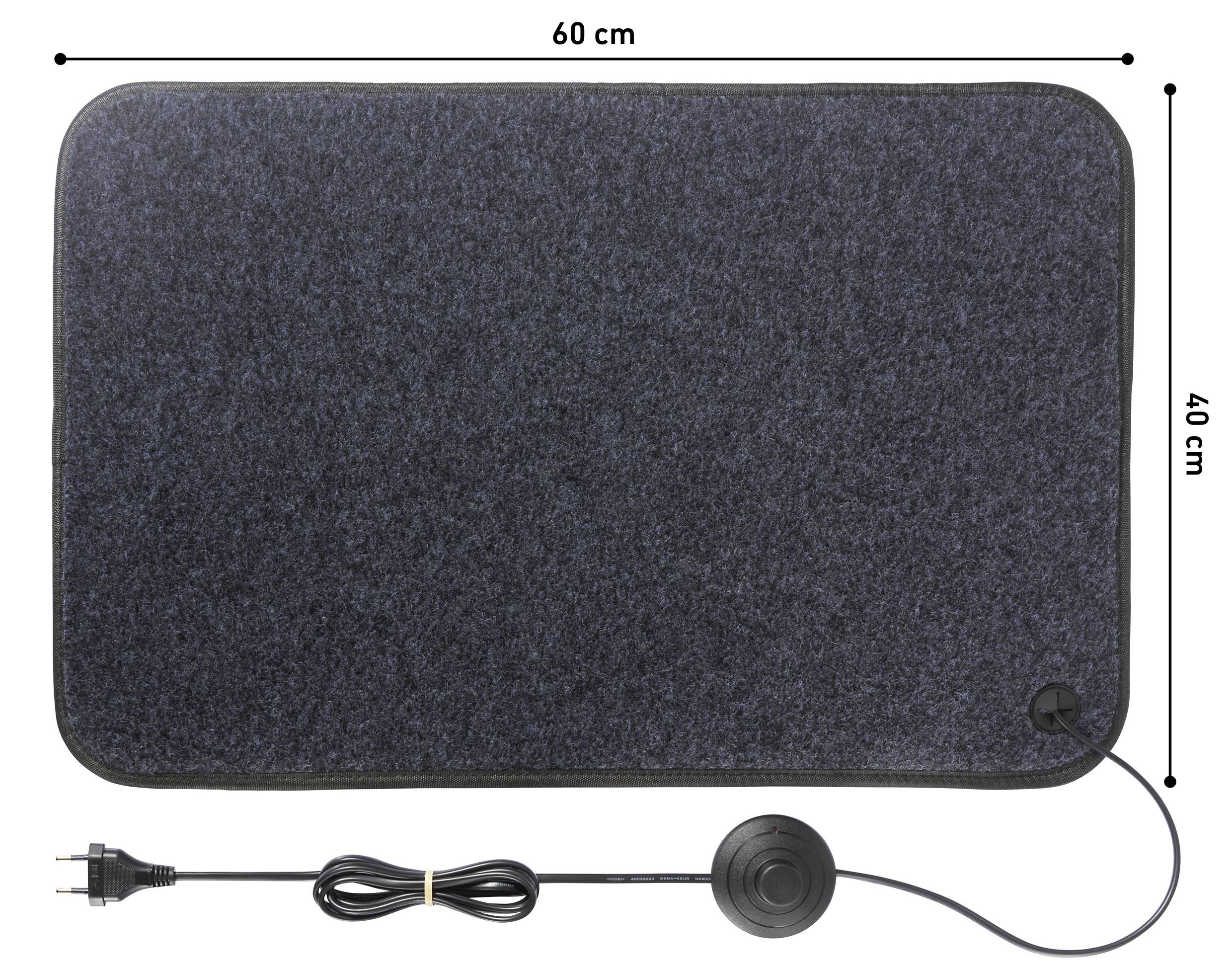 Eine rechteckige graue Heizmatte mit Abmessungen von 60 cm x 40 cm, ausgestattet mit einem Netzkabel und Fußschalter.