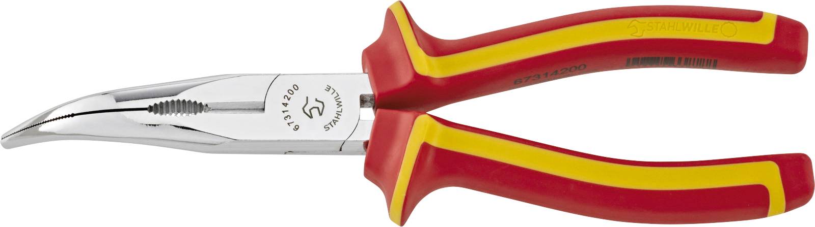 Eine isolierte Flachrundzange mit roten und gelben Griffen, geeignet für Elektroarbeiten, auf weißem Hintergrund.