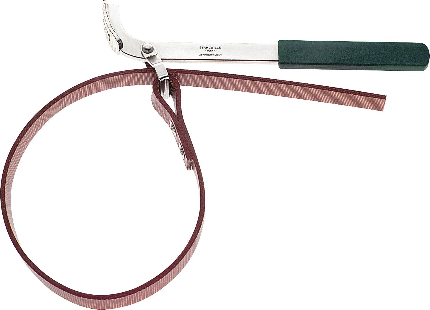 Ein silberner Ölfilterschlüssel mit rotem Riemen und grünem Griff. Er wird zur Entfernung von Ölfiltern in Fahrzeugen verwendet.