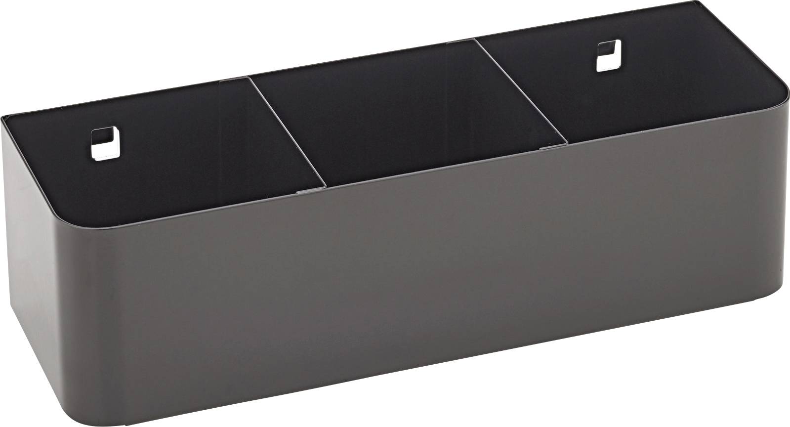 Dunkle, rechteckige Metallbox mit zwei Fächern und zwei Löchern zur Wandbefestigung.