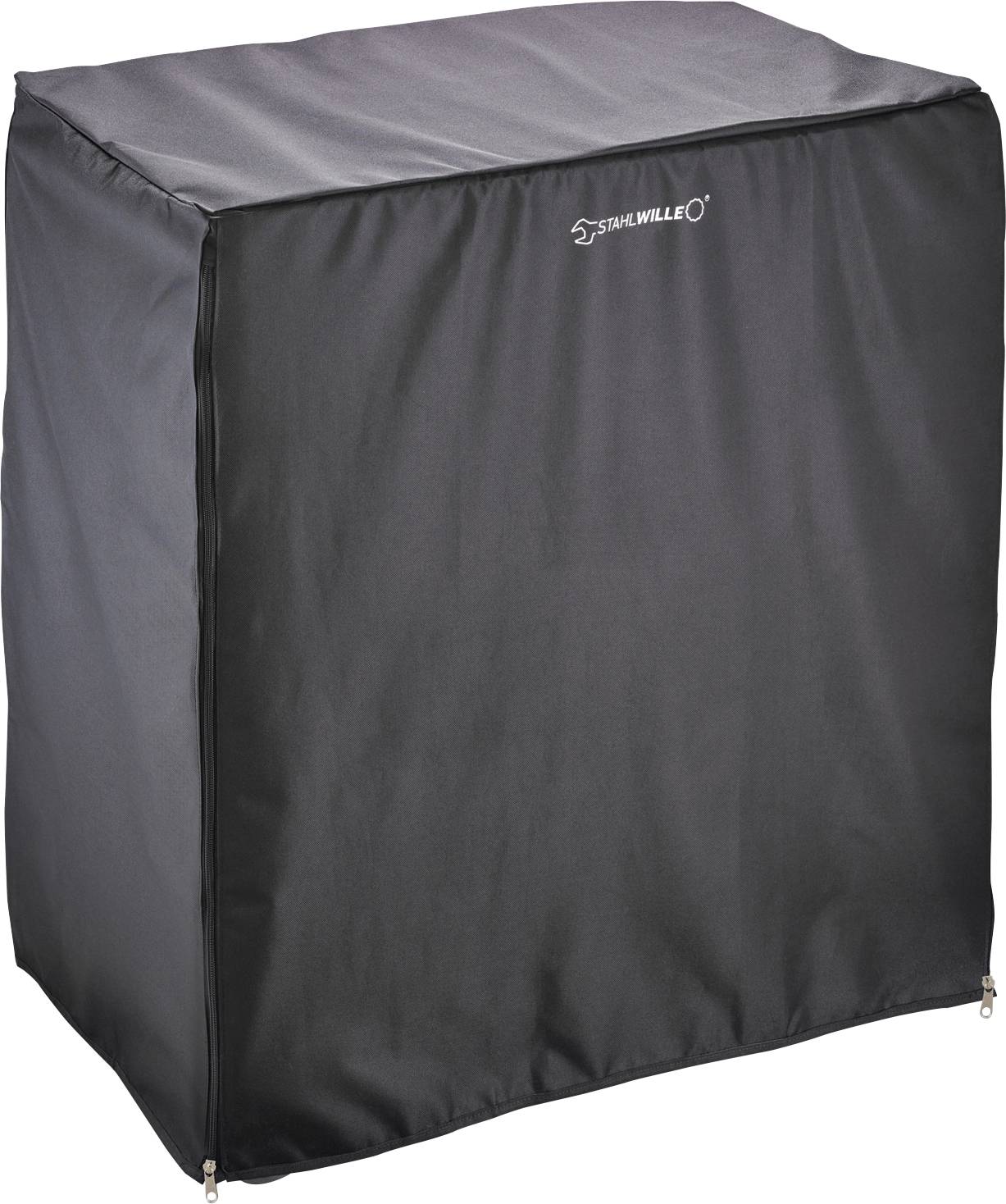 Schwarze Schutzhülle für Gartengerät, steht aufrecht. Hülle aus wetterfestem Material mit kleinem Logo oben.