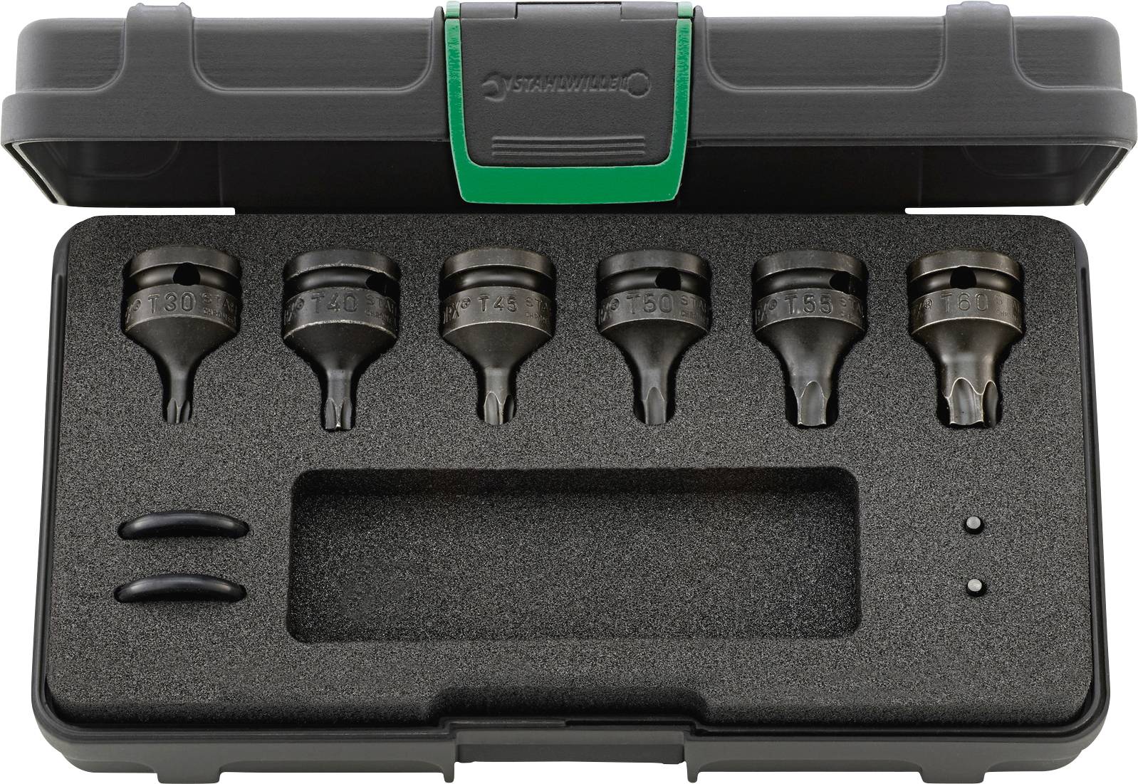 Ein offener schwarzer Werkzeugkoffer mit sechs metallischen Stecknüssen, die in Schaumstofffächer eingesetzt sind.