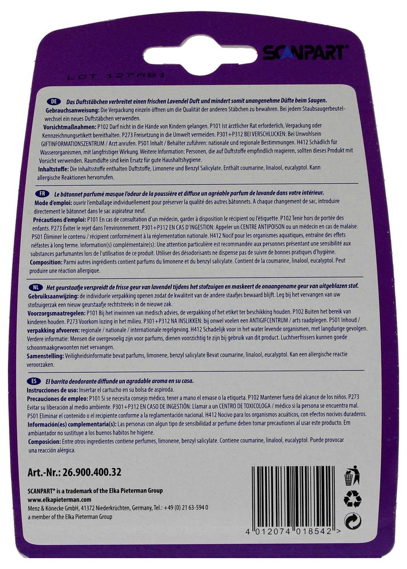 Rückseite einer Verpackung mit Anweisungen zur Verwendung. Enthält Details zu Duftstoffen, Sicherheitsinformationen und Herstellerangaben.