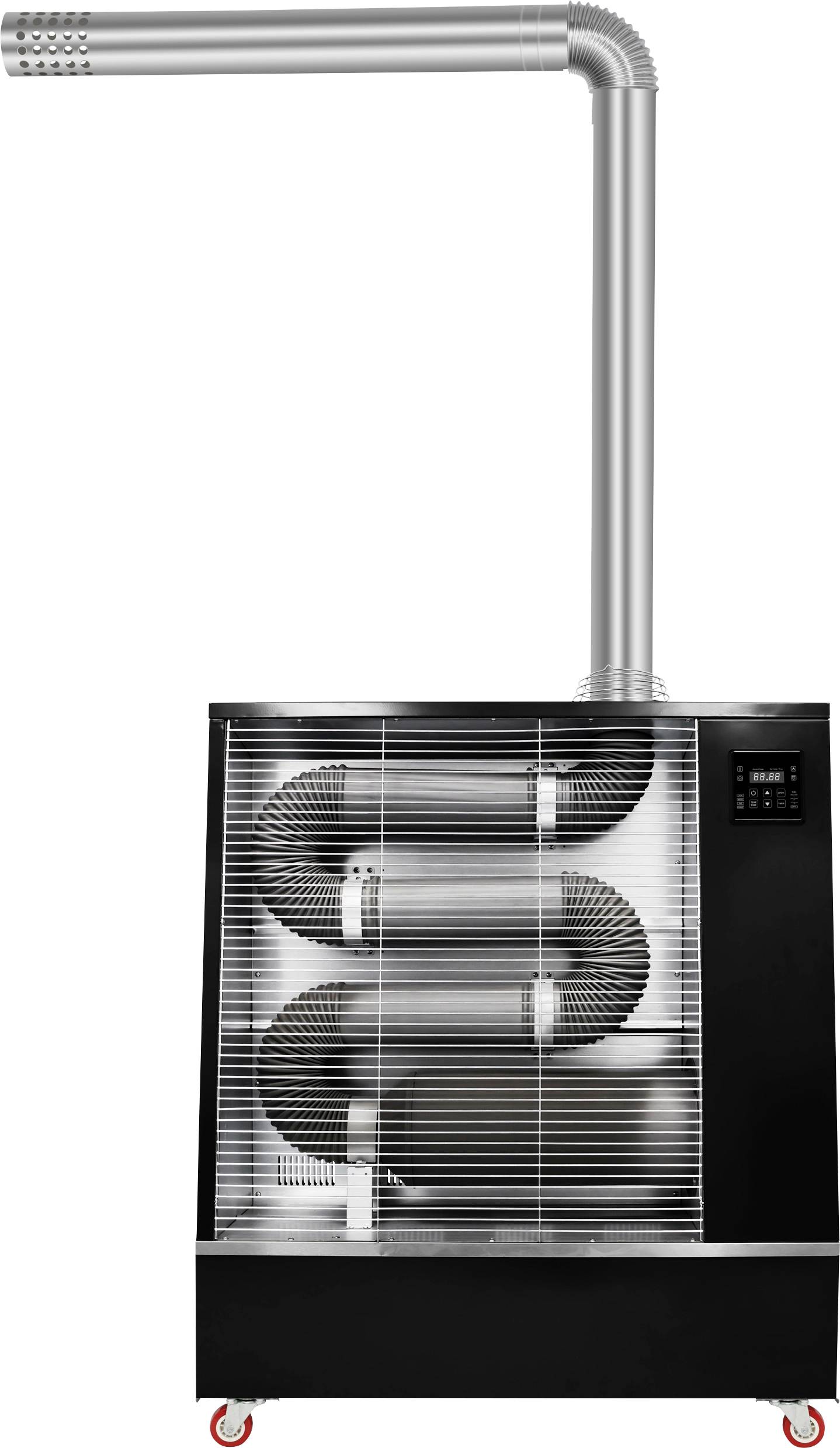 Mobiler Terrassenheizer mit Abgasrohr und Bedienfeld, in elegantem schwarzem Metalldesign auf Rollen für einfache Beweglichkeit.