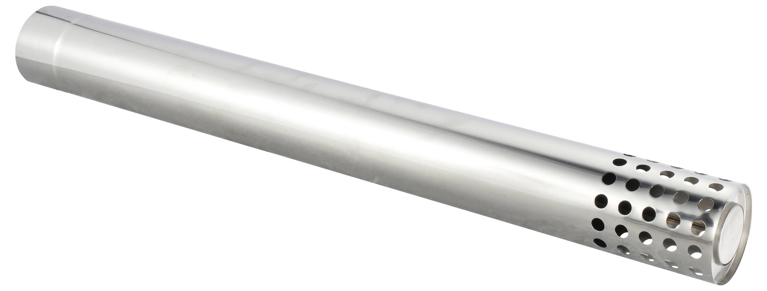 Ein zylindrisches Metallrohr mit einem gelochten Abschnitt an einem Ende, höchstwahrscheinlich eine Komponente für Belüftung oder Fluidtransport.