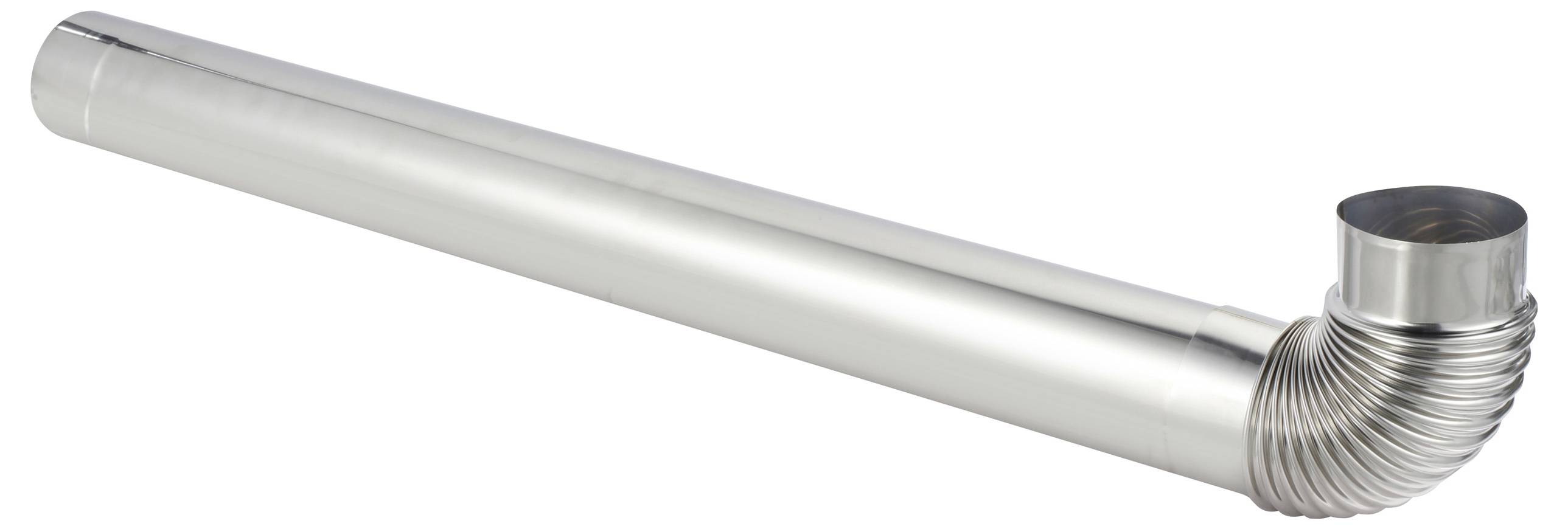 Ein langer, gerader Metallrohr mit einer gewellten Biegung an einem Ende, der wahrscheinlich für Sanitär- oder Belüftungssysteme verwendet wird.