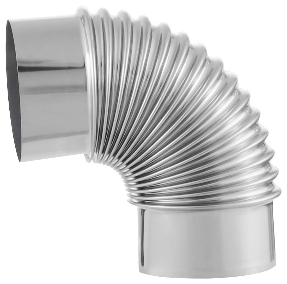 Ein glänzender, metallischer, flexibler Rohrbogen mit geripptem Design, der seine Fähigkeit zeigt, sich in verschiedenen Winkeln zu biegen.