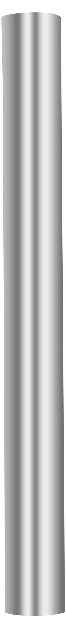 Eine vertikale, zylindrische Silberstange mit einer glatten, reflektierenden Oberfläche vor einem weißen Hintergrund.