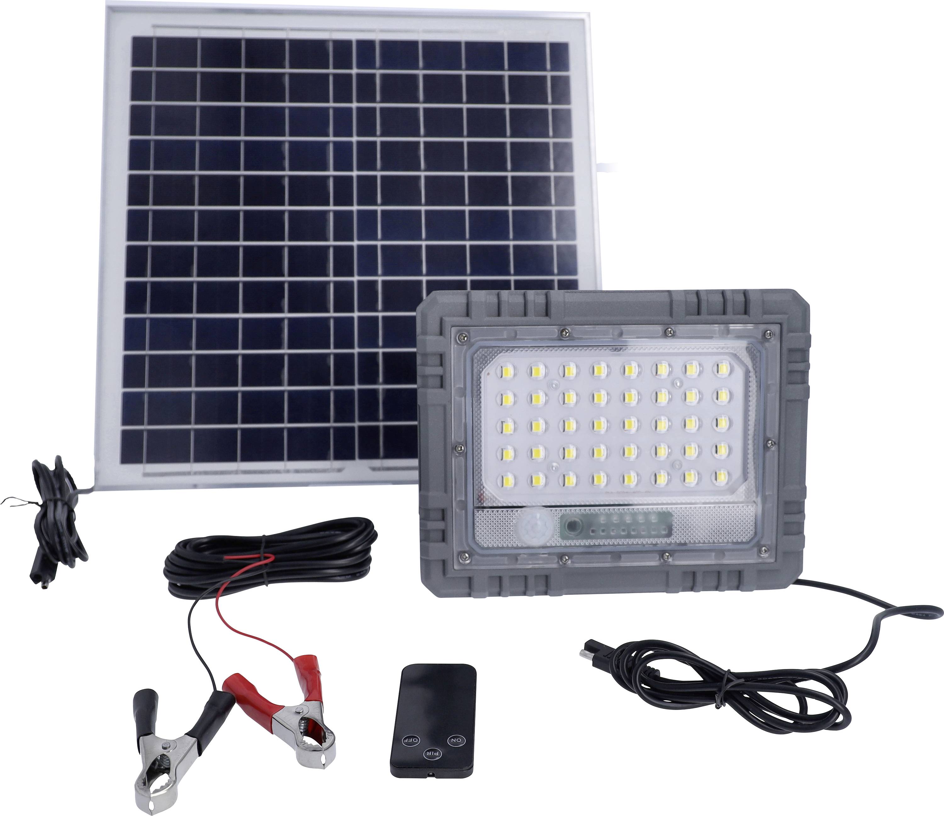 Solarlampe-Set mit Solarpanel, LED-Lampe, Kabeln, Clips und Fernbedienung. Optimal für umweltfreundliche Beleuchtung im Freien.