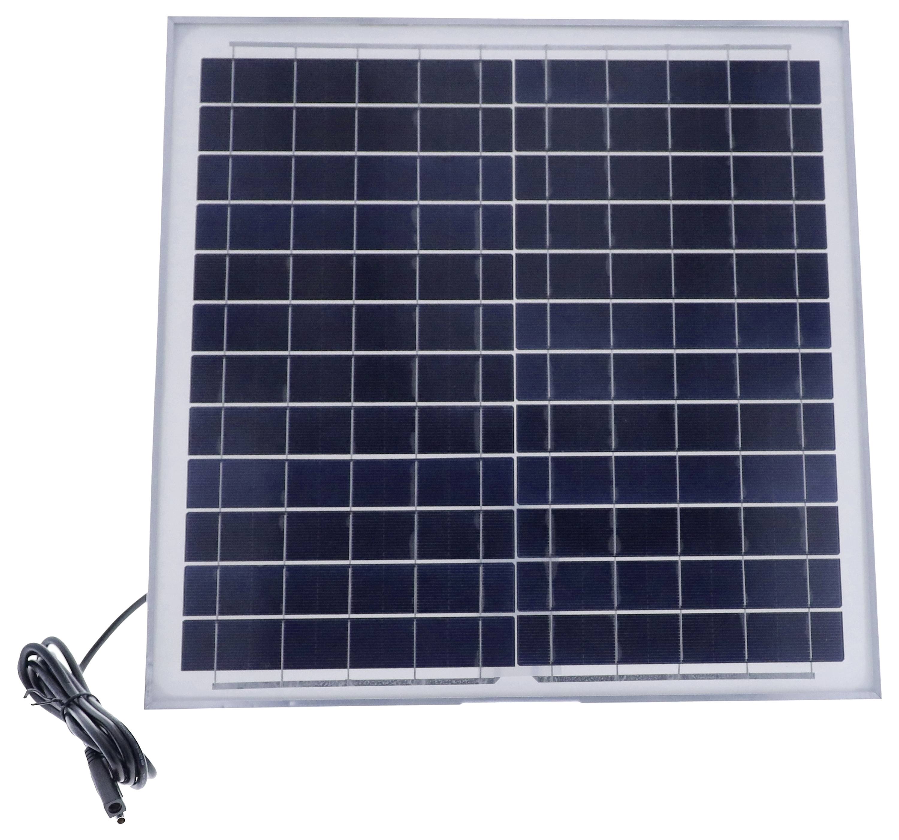 Ein quadratisches Solarpanel mit einem angeschlossenen Stromkabel zur Energieerzeugung aus Sonnenlicht.