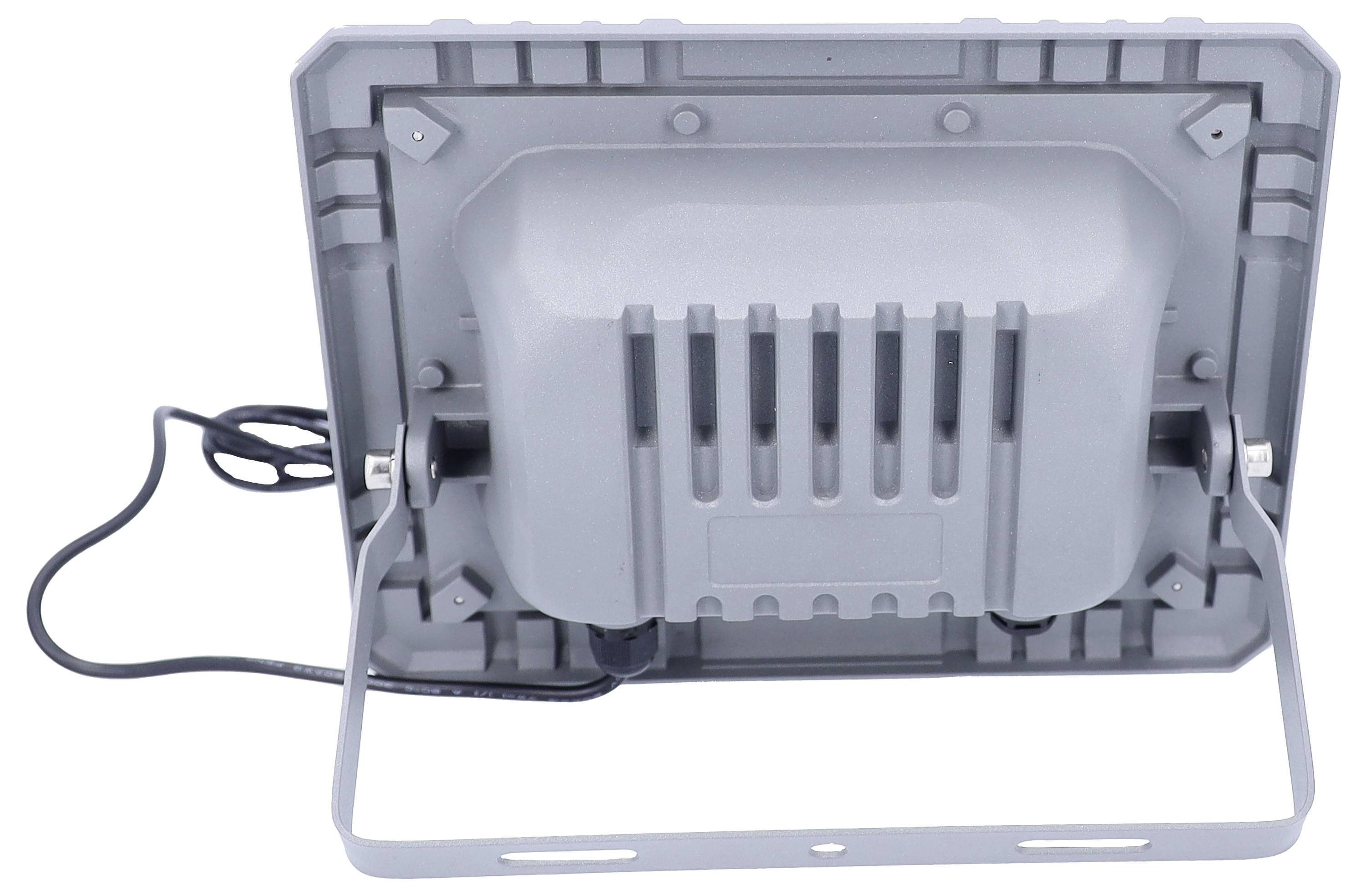 Ein rechteckiger, grauer LED-Flutlichthalterung mit Kabel, Rückansicht. Montagerahmen und Befestigungselemente sichtbar.