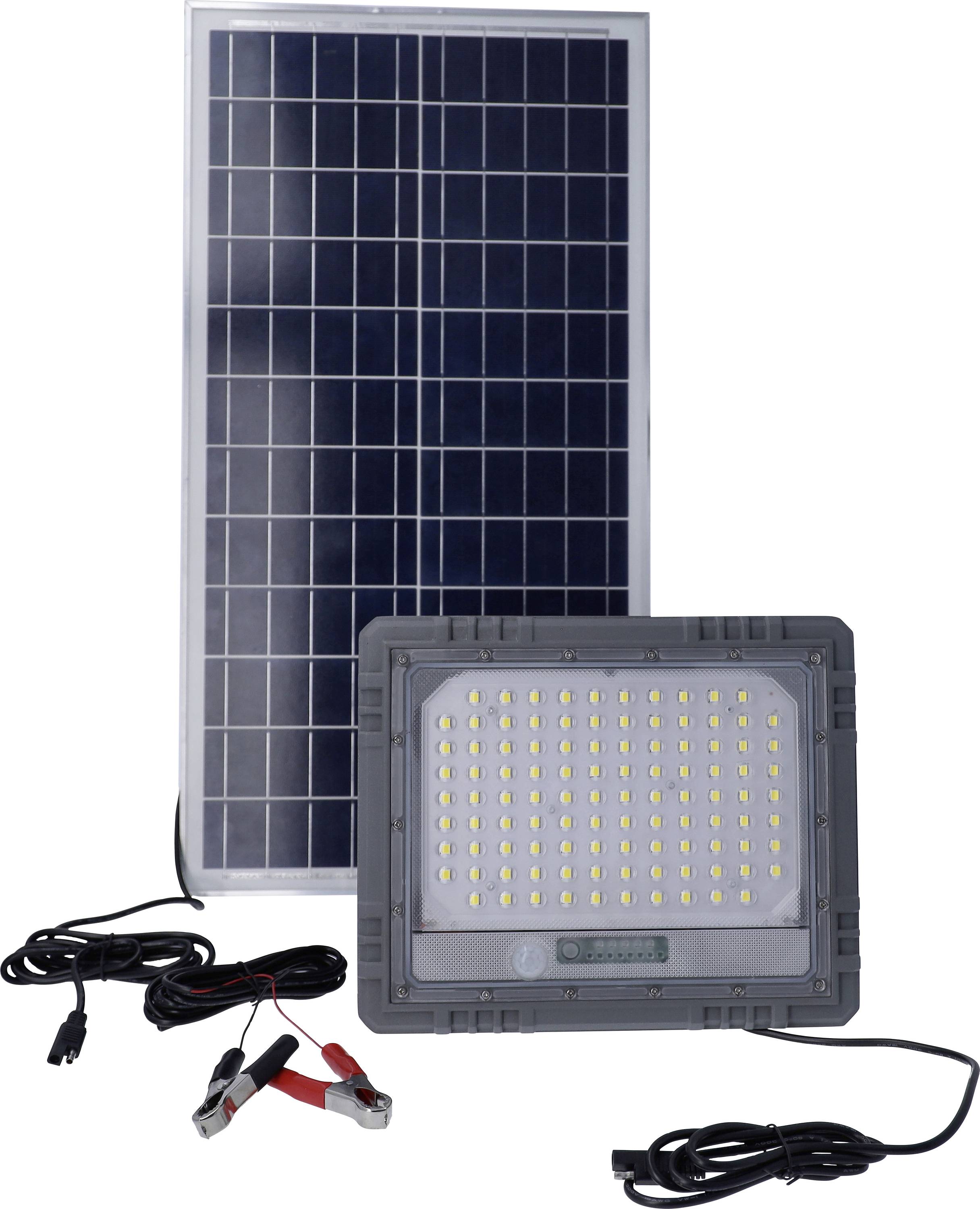 Solarpanel mit LED-Straßenleuchte und Kabeln, geeignet für umweltfreundliche Beleuchtungslösungen im Außenbereich.