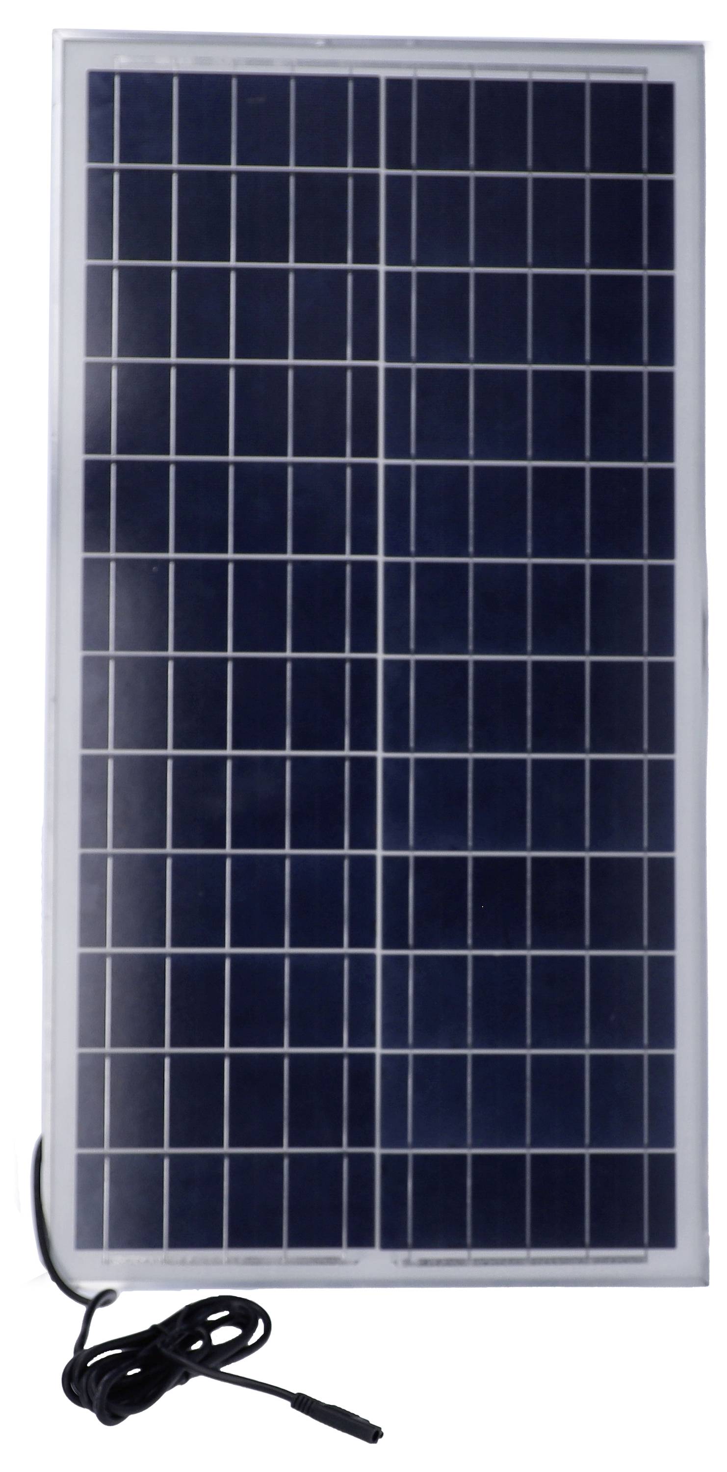 Ein Solarmodul mit dunklen Solarzellen und Metallrahmen. Ein Kabel mit Stecker hängt unten heraus. Ideal für Sonnenenergiegewinnung.