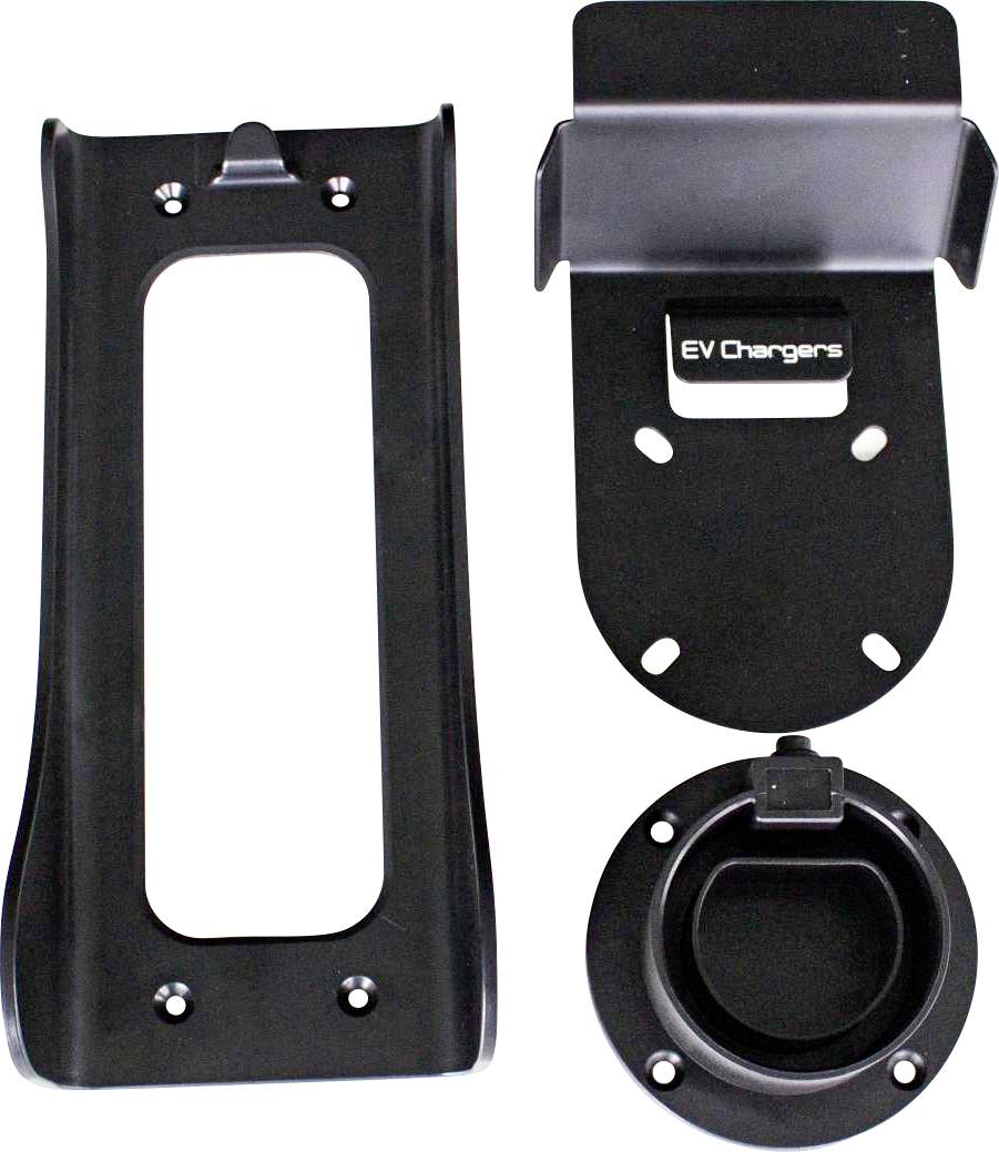 Zwei schwarze Halterungen aus Metall, eine langgezogen oval mit Löchern für die Montage, die andere mit Beschriftung 'EV Chargers' und Rundöffnung.