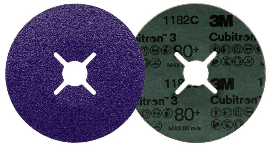 Schleifscheibe-Set: Eine violette und eine grüne Schleifscheibe. Auf der grünen Scheibe steht '1182C 3M Cubitron 80+'.