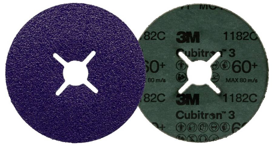 'Zwei Schleifscheiben von 3M: links lila mit rauer Oberfläche, rechts grün mit Aufschrift '3M Cubitron 3', Körnung 60+.'