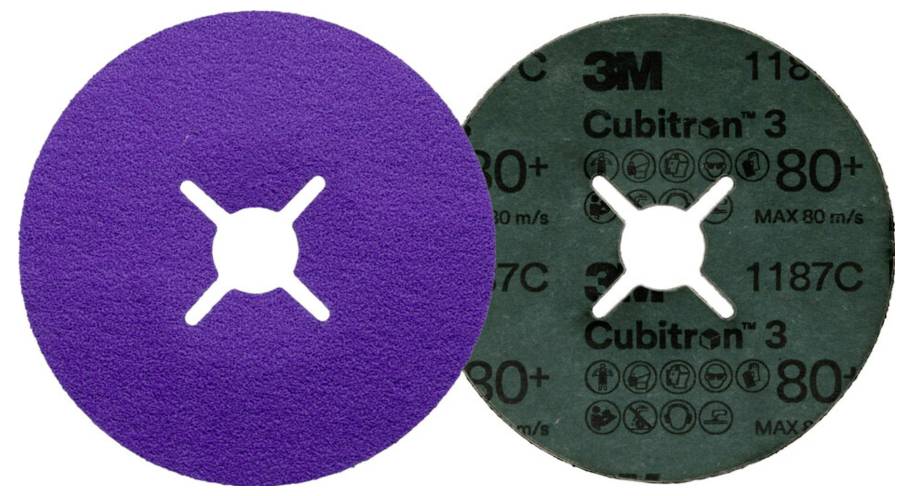 '3M Cubitron II' Trennscheibe: Lila abrasive Oberfläche vorne, schwarze Rückseite zeigt Spezifikationen '80+'.